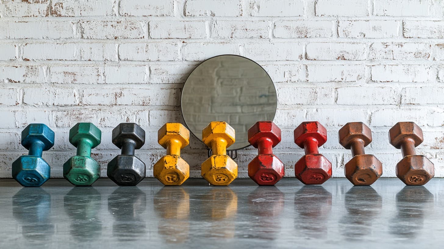 A set of colored dumbbells in a row