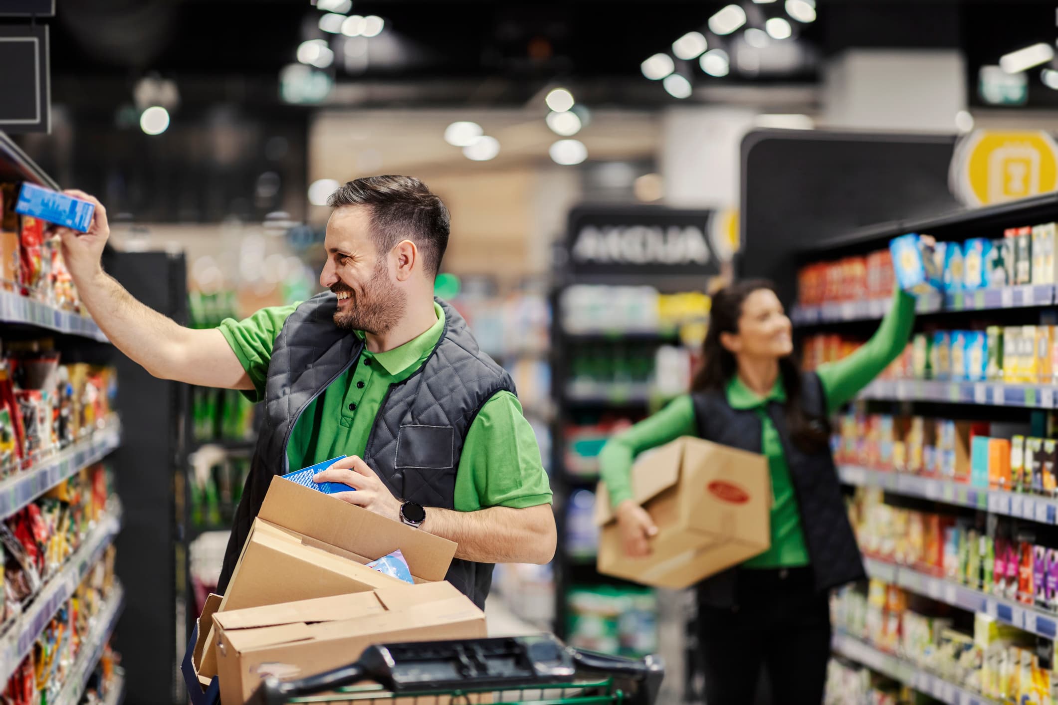 Two employees stocking shelves in a grocery store